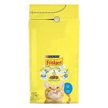 Yellow package of Purina Friskies cat food with a cat's face on it.