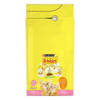 Yellow package of Purina Friskies cat food with images of cats and text on a white background