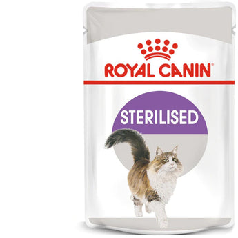 Packaging of Royal Canin Sterilised Wet Cat Food in Gravy for neutered adult cats, with a weight maintenance indicator, a health nutrition label, and a picture of a cat on the front.