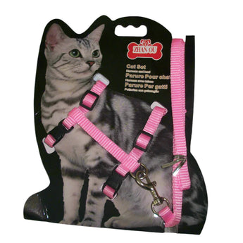 Cat harness and leash set on a black packaging with a gray background