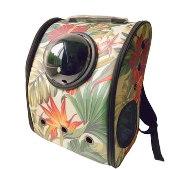 Floral-patterned pet carrier with a unique design on a white background