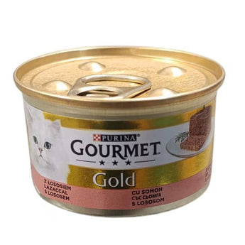 Purina Gourmet Gold cat food can with gold lid on a white background
