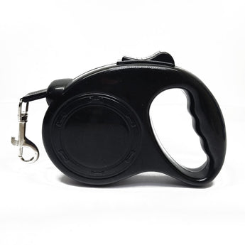 Black retractable dog leash on a white background