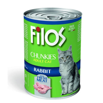 Can of Filos Chunkies Adult Cat Rabbit food on a white background