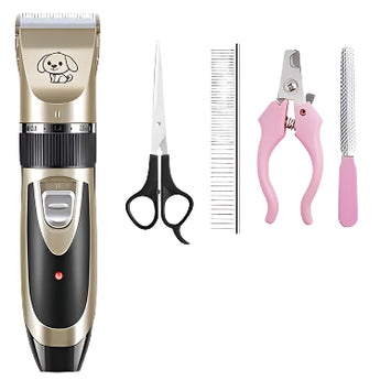 Pet grooming tool set including a clipper, scissors, comb, nail clippers, and other accessories on a white background.