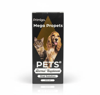 Mega Propets pets dermal supplement packaging with a dog and cat on a white background