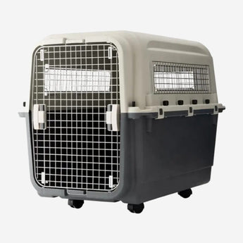 Pet carrier with a beige top and black bottom on a white background