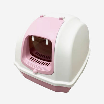 Pink and white pet litter box on a white background