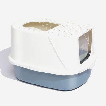 Cat litter box with a transparent lid on a white background