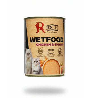 Can of Rich Wetfood Chicken & Shrimp for cats on a white background