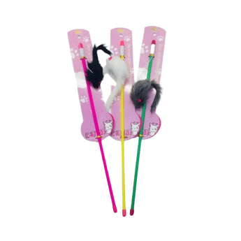 Cat toy set with colorful sticks and catnip mice on a pink card with cat illustrations.