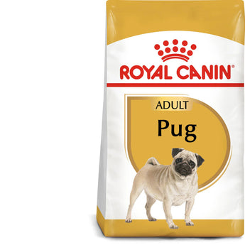 A bag of Royal Canin Adult Pug dry dog food with a picture of a Pug dog on the front. The label highlights that it is tailor-made, with a focus on breed-specific nutrition and a Pug-shaped kibble.