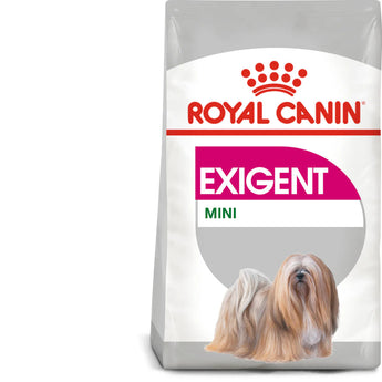A package of Royal Canin Mini Exigent dry dog food featuring a white dog on the front, with text highlighting the product is for small breed dogs, satisfies fussy appetites, and helps with coat and dental health.