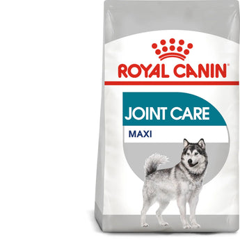 A bag of Royal Canin Maxi Joint Care dry dog food for large breeds, with a graphic of a wolf on the front and text highlighting joint movement and 97% owner satisfaction.