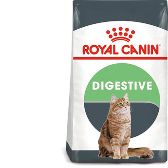 A package of Royal Canin Digestive Care dry cat food featuring an image of a cat and highlighting healthy digestion support, less stools, and a 49% reduction in stool production.