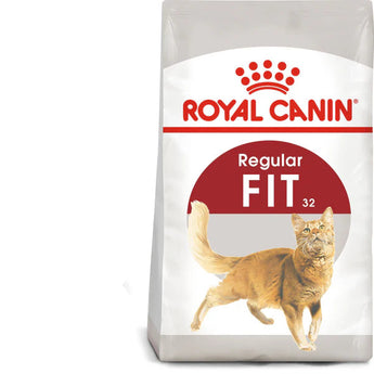 A package of Royal Canin Fit 32 dry cat food featuring an image of a orange cat and the product details.