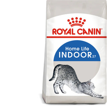 A bag of Royal Canin Indoor27 dry cat food with an image of a cat on the packaging.