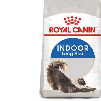 A bag of Royal Canin Indoor Long Hair dry cat food with an image of a long-haired cat on the front.