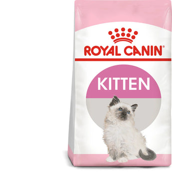 A bag of Royal Canin Kitten food with a picture of a white and grey kitten on the front. The bag highlights health nutrition, immune system support, and adapted kibble size.
