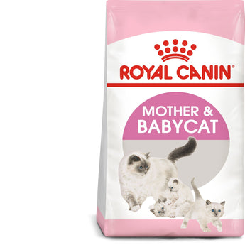 A package of Royal Canin Mother & Baby Cat prescription cat food. The packaging is predominantly pink and white, with images of a mother cat and her kittens.