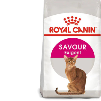 A bag of Royal Canin Exigent Savour Dry Cat Food featuring an image of a cat and indicating the product is for 'Health Nutrition', providing 'Dual savour sensation' and having 'Adapted kibble size'.