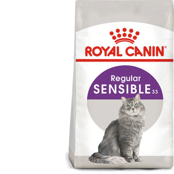 A package of Royal Canin Sensible 33 dry cat food with a picture of a gray cat on the front, highlighting health nutrition, and adapted kibble size.