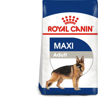 A bag of Royal Canin Maxi Adult dry dog food with a picture of a German Shepherd on the front, highlighting the breed-specific formula, high digestibility, and adult dog targeting.