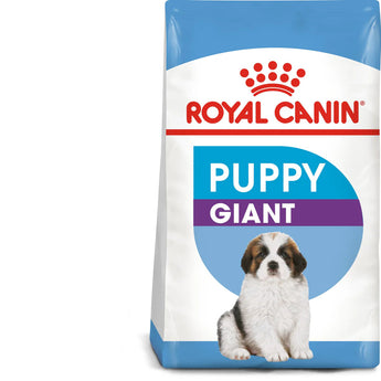 A bag of Royal Canin Giant Puppy dry dog food with an image of a small puppy on the front, highlighting immune system support and adapted kibble size.
