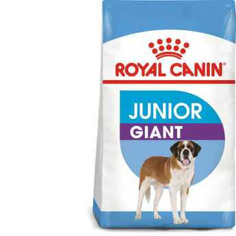 A bag of Royal Canin Giant Junior dry dog food with an image of a young dog on the front.