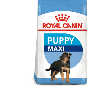 A bag of Royal Canin Maxi Puppy dry dog food with a picture of a small puppy and adapted kibble size illustrated.