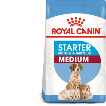 A package of Royal Canin Starter Mother and Baby Dog food in medium size, with a graphic of a mother dog and her puppies, and text highlighting health nutrition and easy rehydration.
