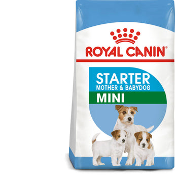 A bag of Royal Canin Mini Starter Mother & Babydog dry dog food with a label showing an image of a mother dog and her baby. Text on the bag highlights health nutrition and adaptability of the kibble size for mini puppies.
