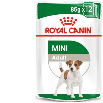 A pouch of Royal Canin Mini Adult dog food with a picture of a small white and brown dog on the front, and text highlighting the health benefits for adult dogs.