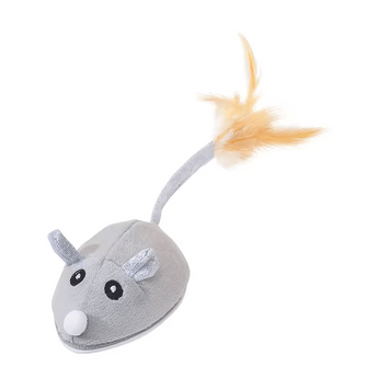 Gray plush mouse toy with a feather tail on a white background, featuring the XZT brand logo.