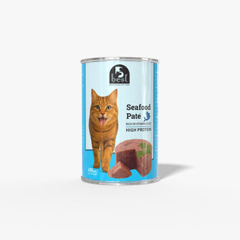 Can of Best for Life Seafood Pate cat food with a cat on the label.