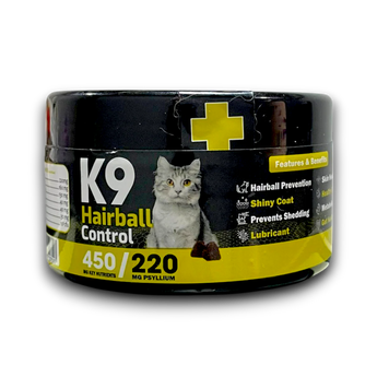 K9 Hairball Control cat supplement container on a white background