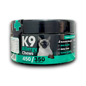 K9 Allergy Chews container with a cat on the label against a white background