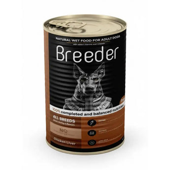 Can of Breeder dog food on a white background