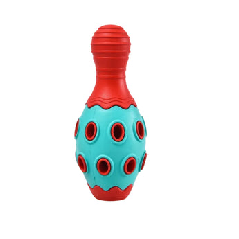 Red and blue toy with a textured surface on a white background