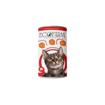 Cat food canister with 'EcoFarm' branding on a white background