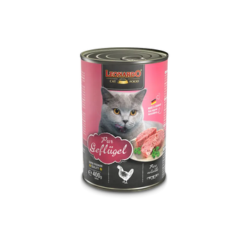 A can of Leonardo Pure Poultry cat food featuring an image of a cat and poultry meat, with a pink label.