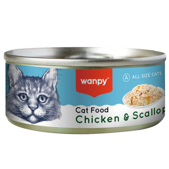 Canned cat food with wanpy branding on a white background