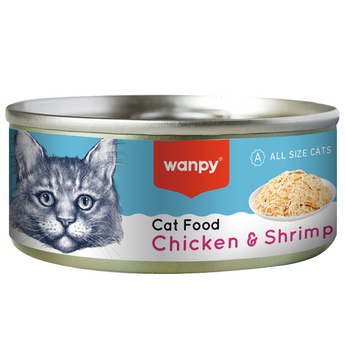 Canned cat food with 'wanpy' branding featuring a cat's face and chicken & shrimp text on a blue background.