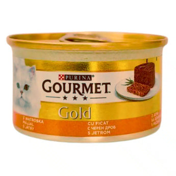 Can of Purina Gourmet Gold cat food with a gold lid on a white background