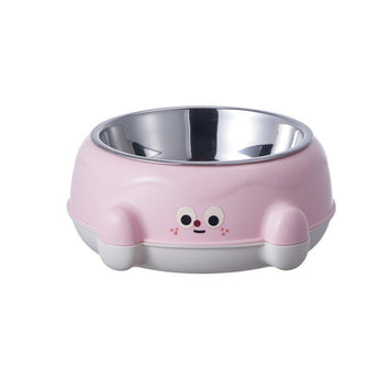 Pink pet bowl with cartoon face design and measurements on a white background