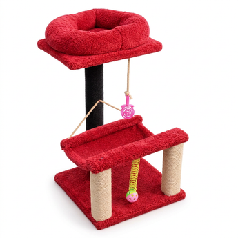 Bomi F-25 red cat tree with raised bed, lower hammock, wrapped posts and colorful toys on white background