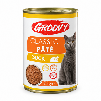 Groovy Classic Pâté Duck Wet Cat Food 400g can on white background