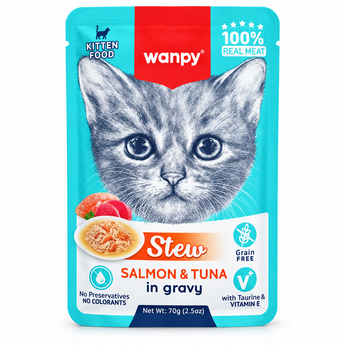 Wanpy Stew Salmon and Tuna in Gravy kitten food 70g on white background