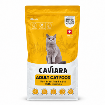 Retouched Caviara Adult Cat Food for Sterilised Cats with Chicken on white background