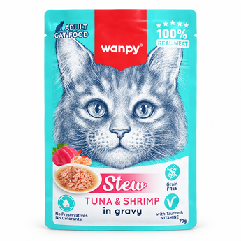 Wanpy Stew Tuna and Shrimp in Gravy adult cat food 70g on white background